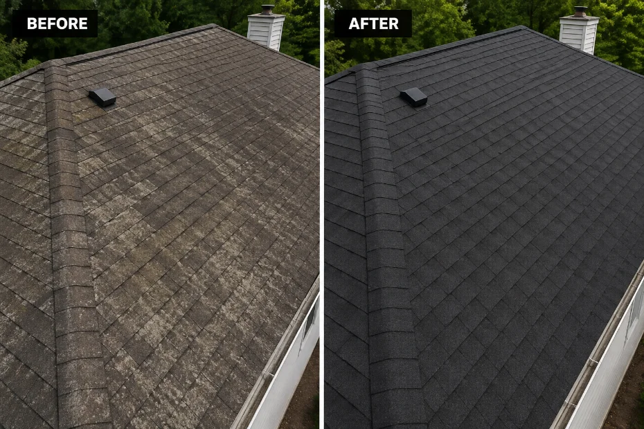 Close-up of the rejuvenation treatment restoring asphalt shingles